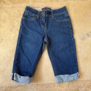 Mini Boden Girls Size 4Y Capri Jeans Adjustable Waist Blue Denim Floral Cuffs